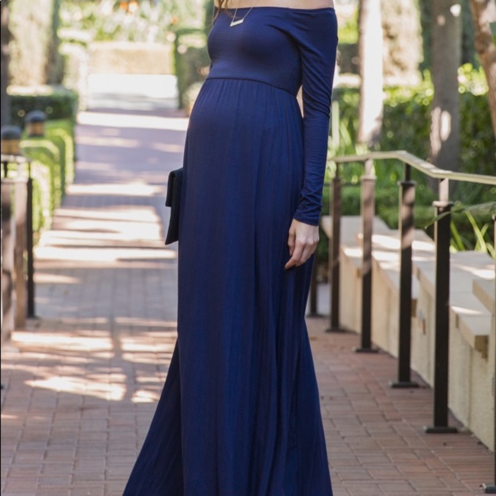 Navy Blue Solid Off Shoulder Maternity Maxi Dress